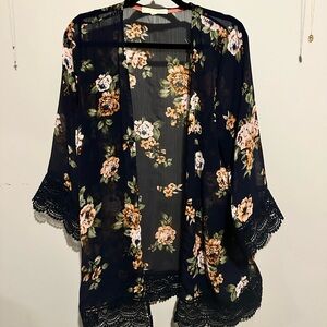Floral Kimono with Lace Trim